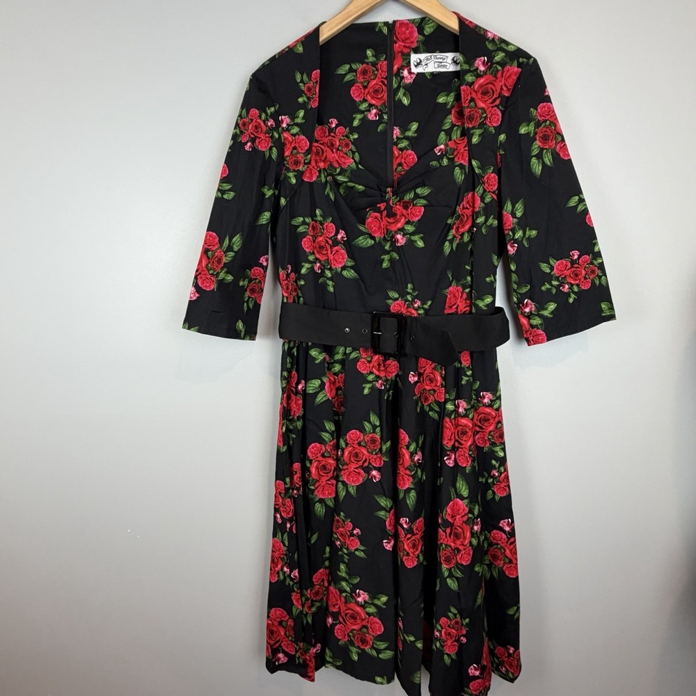 Hell Bunny Vixen Womens Size 2XL Rockabilly Dress Red Rose Floral Pinup 3/4 Slv